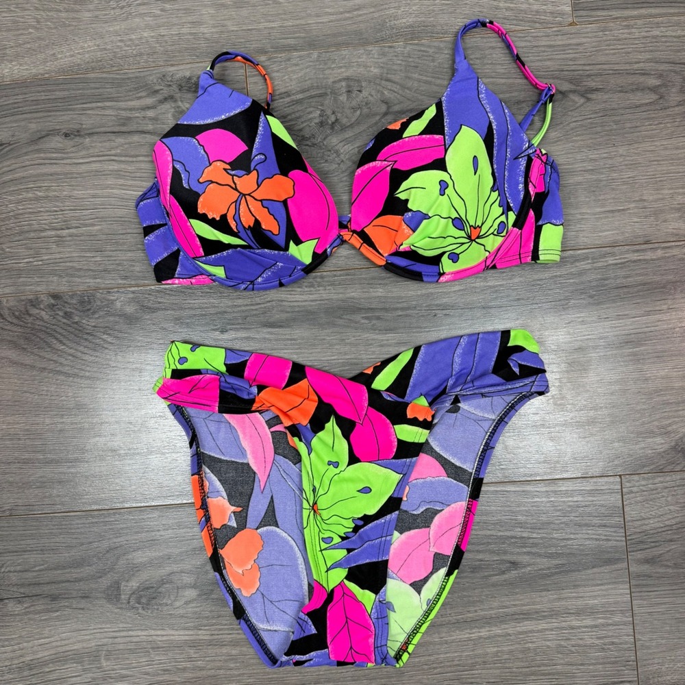 Vintage Carabella Neon Tropical Floral Bikini Set 36D Top Size 8 Bottoms USA